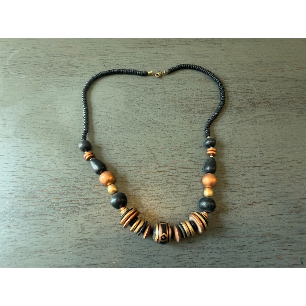Vintage Wood Bead Necklace Black Copper Gold Earthy Boho Hand Painted Statement